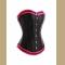 Black satin overbust corset with hot pink ruffle trim, 